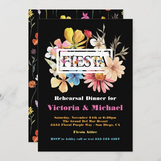 Convites Janto de Ensaio de Fiesta Mexicano Flores Presas (Frente/Verso)