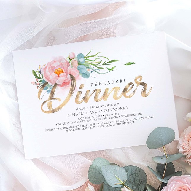 Convites Janto de ensaio de Florais Rosa-Dourado e Esbranqu (Floral Gold Calligraphy Rehearsal Dinner Invitations)