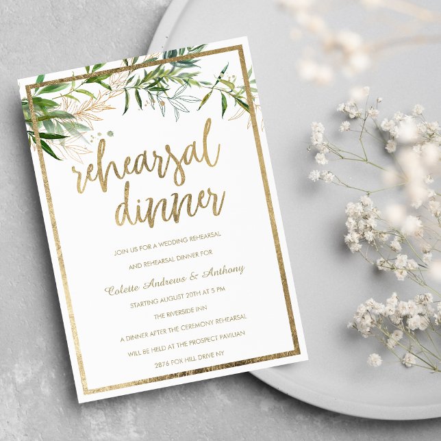 Convites Janto de ensaio de folhagem de ouro branco Elegant (Elegant white green gold foliage Rehearsal Dinner Invitation )