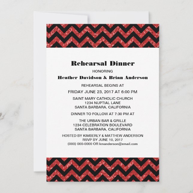 Convites Janto de Ensaio de Glitter Vermelho Chevron Convit (Frente)