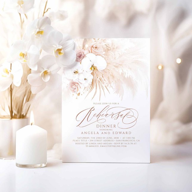 Convites Janto de Ensaio de Grama de Orquídeas Brancas de B (White Orchids Boho Rehearsal Dinner Invitations)