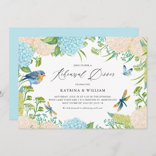 Convites Janto de ensaio de Hydrangeas Azul e Branco (Frente/Verso)