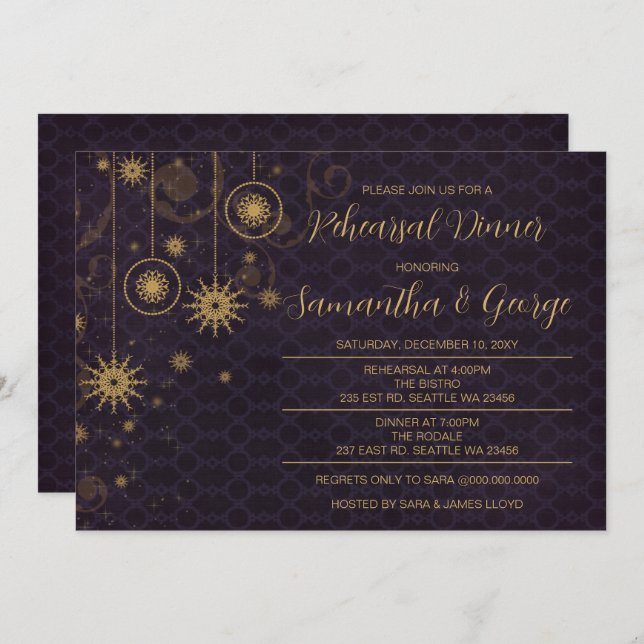 Convites Janto de ensaio de inverno com flocos de neve roxo (Frente/Verso)