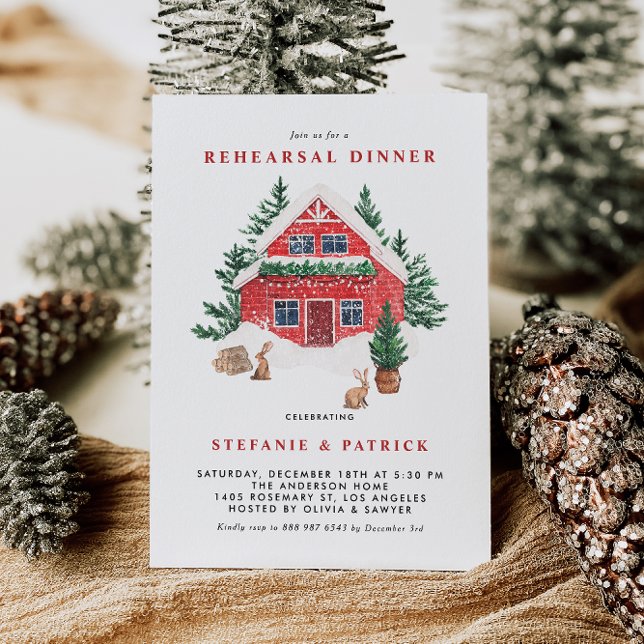 Convites Janto de ensaio de inverno da Floresta de Algodão  (This rehearsal dinner invitation features a peaceful winter scene with a watercolor red cottage.)