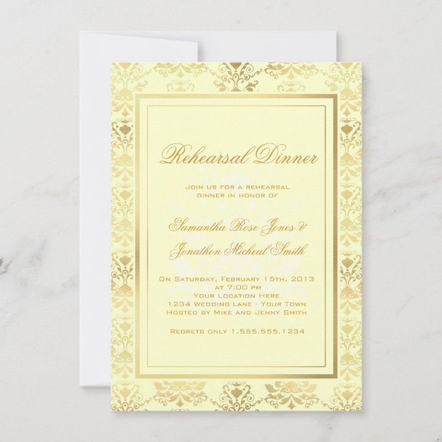 Convites Janto de Ensaio de Ivory & Dourado Damask (Frente)