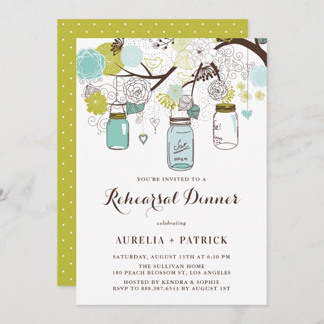 Convites Janto de Ensaio de Jars Mason Azul-Claro e Verde (Frente/Verso)