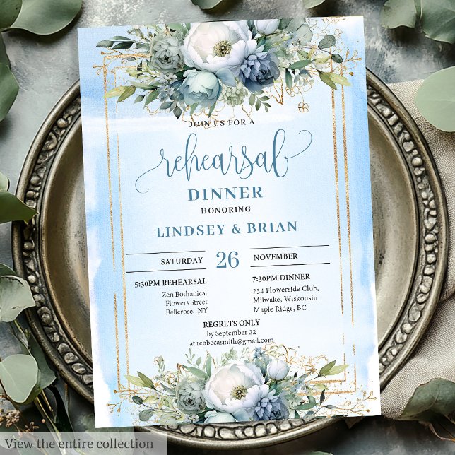 Convites Janto de Ensaio de Luminosidade Dourada Azul Moder (Modern Dusty Blue Gold Glitter Rehearsal Dinner Card)