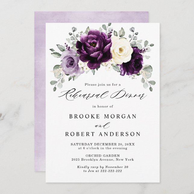 Convites Janto de ensaio de marfim branco de ameixa-roxa (Frente/Verso)