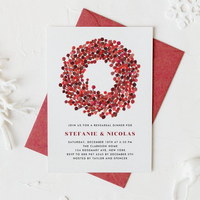 Convites Janto de ensaio de Natal da Winterberry Wreath Red (Rehearsal dinner invitation featuring watercolor winterberry wreath. Perfect for Christmas weddings.)