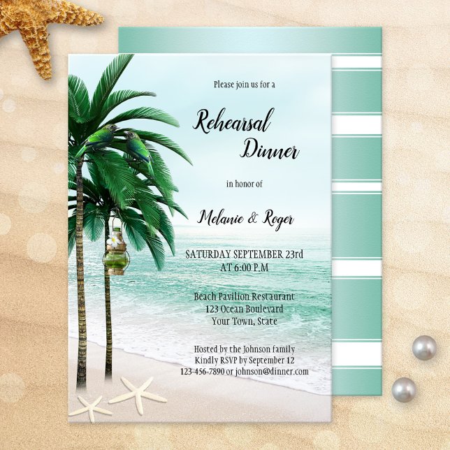 Convites Janto de ensaio de Palmeiras de praia tropical (Beach or destination wedding tropical rehearsal dinner invitation featuring palm trees and starfish)