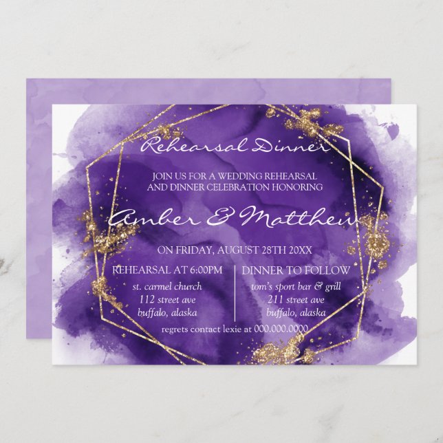 Convites Janto de ensaio de pintura Dourada com Lavanda rox (Frente/Verso)