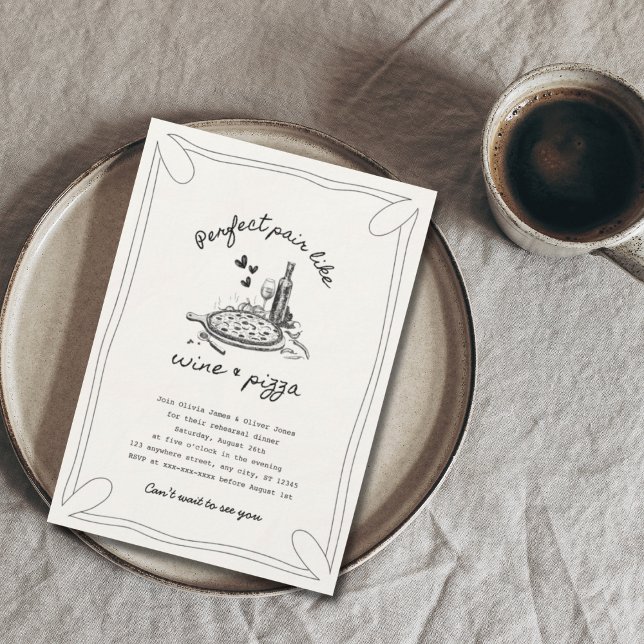 Convites Janto de ensaio de pizza e vinho desenhado à mão (Criador carregado)