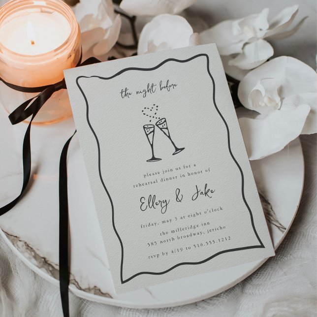 Convites Janto de ensaio de porta de champanhe (Whimsical rehearsal dinner invitation with a hand drawn scallop border)