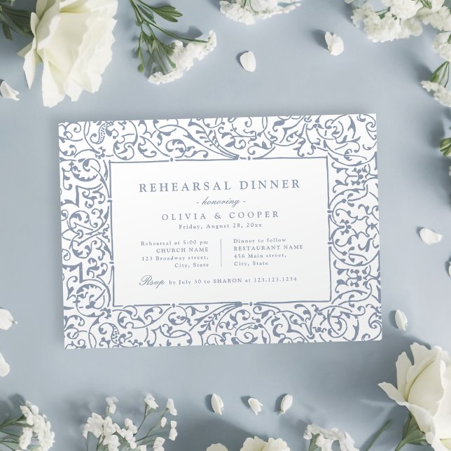 Convites Janto de ensaio de quadro do Ornamentado Dusty Blu (Dusty Blue Vintage Ornate Frame Rehearsal Dinner Invitation)