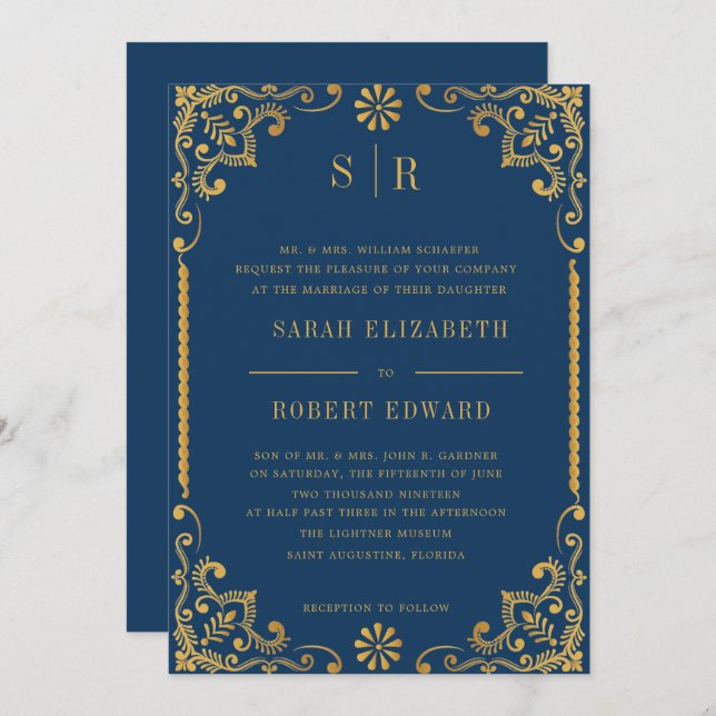 Convites Janto de ensaio de quadros Dourados azuis do Marin (Frente/Verso)