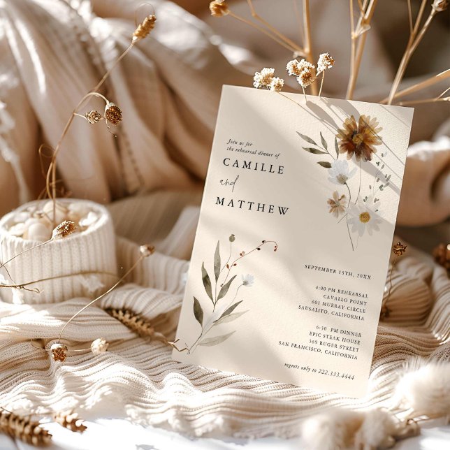 Convites Janto de Ensaio de Queda de Flor Selvagem Elegante (Fall Floral Simple Photo Rehearsal Dinner Invitation)