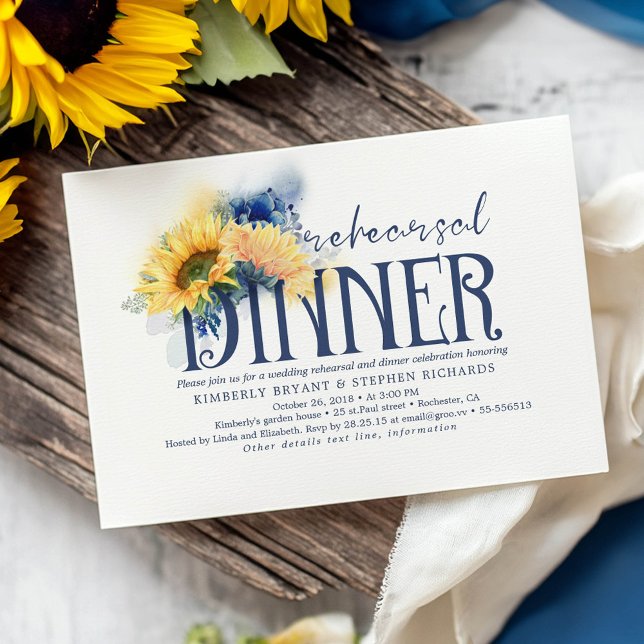 Convites Janto de ensaio de queda de Marinho azul de girass (Navy Blue and Yellow Fall Rehearsal Dinner Invitations)