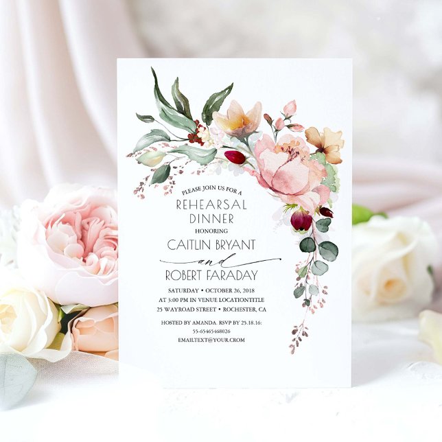 Convites Janto de Ensaio de Queda Dourada de Sangue Rosa Ru (Elegant Floral Rehearsal Dinner Invitations)