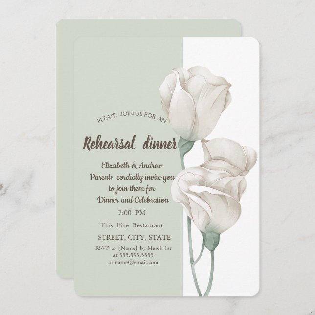 Convites Janto de ensaio de Rosas de Flores Brancas Chic (Frente/Verso)