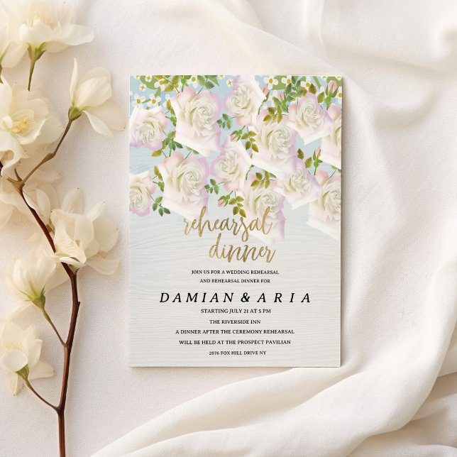 Convites Janto de ensaio de rosas de menta rosa de madeira  (Rustic white wood pink mint roses Rehearsal Dinner)