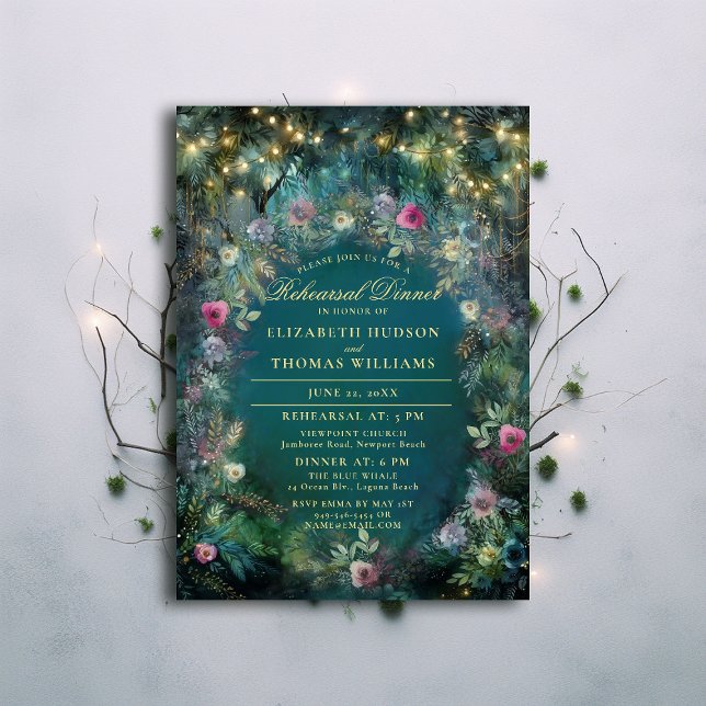 Convites Janto de ensaio de Rosas florestais entonados (enchanted forest rehearsal dinner invite magic fairy tale woodland roses gold emerald green script)