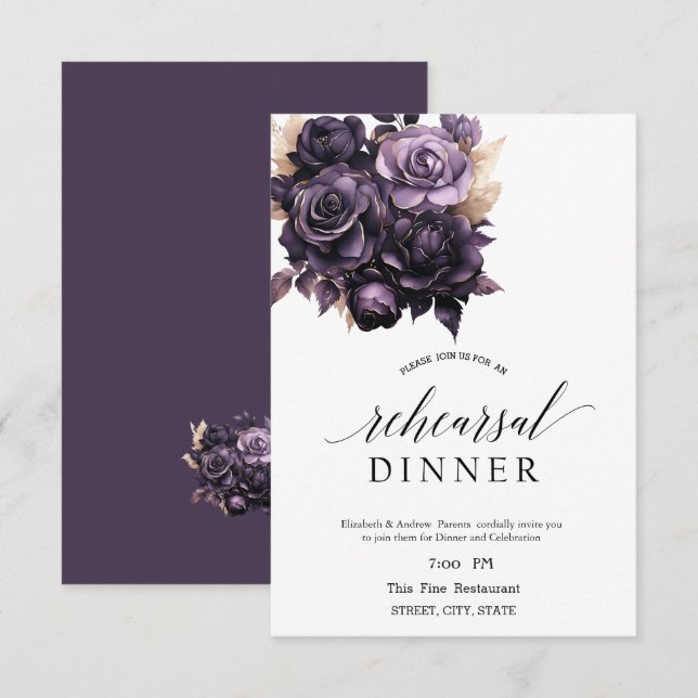 Convites Janto de ensaio de Rosas Roxos Escuros Elegantes (Frente/Verso)