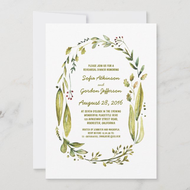 Convites janto de ensaio de rotina com laurel de aquarela (Frente)