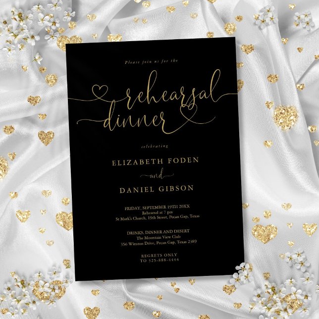 Convites Janto de Ensaio de Script Cardíaco Preto E Dourado (Black And Gold Heart Script Rehearsal Dinner Invitation)