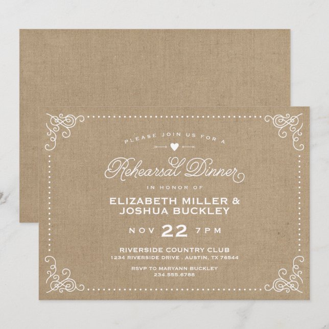 Convites Janto de Ensaio de Script Vintage Rustic Burlap (Frente/Verso)