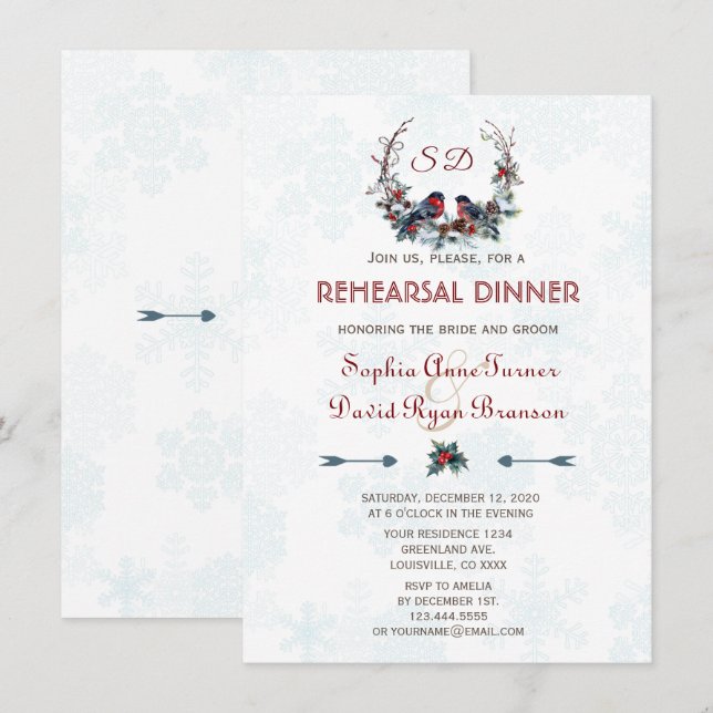 Convites Janto de ensaio de Wreath Berries Bullfinch (Frente/Verso)