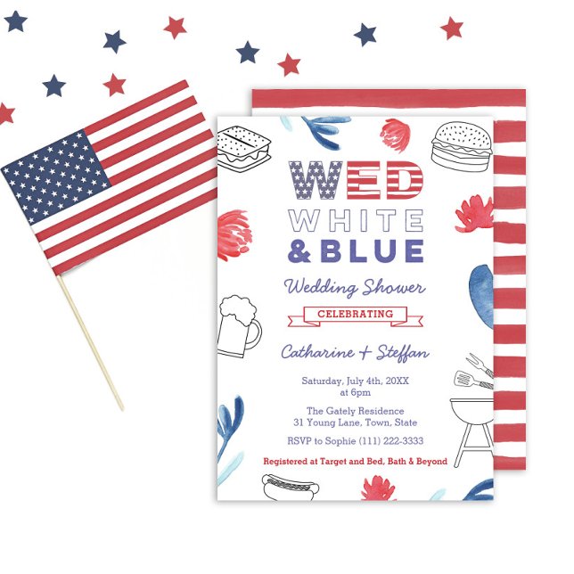 Convites Janto de ensaio do Chá Casal Azul Branco Wed (A Wed White And Blue BBQ Couples Wedding Shower Invitation)