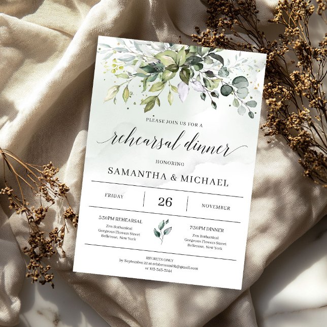 Convites Janto de ensaio do eucalipto com folhagem vegetati (Greenery boho foliage eucalyptus rehearsal dinner invitation)