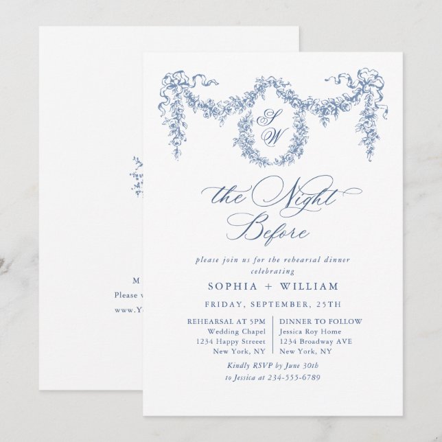 Convites Janto de ensaio do Jardim Têxtil Francês Azul Eleg (Frente/Verso)