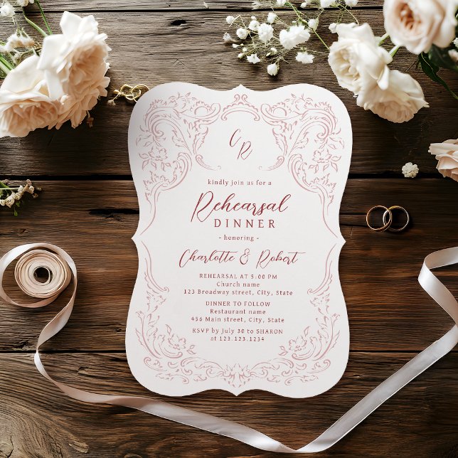 Convites Janto de ensaio do monograma florescente, cor-de-r (Pink Vintage Flourish Monogram Rehearsal Dinner Invitation)