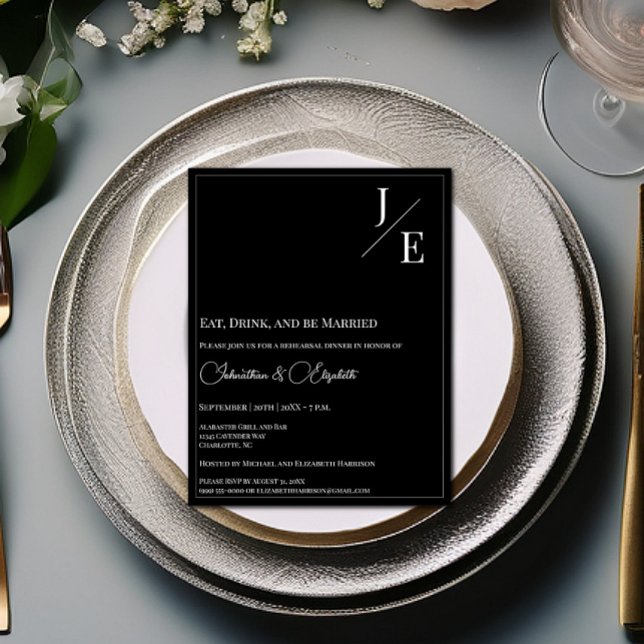 Convites Janto de ensaio do Monograma minimalista | Preto (Black Minimalist Monogram Rehearsal Dinner Invitation)