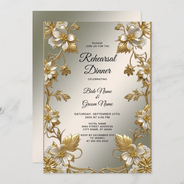 Convites Janto de ensaio do Ornamentado Dourado branco Flor (Frente/Verso)