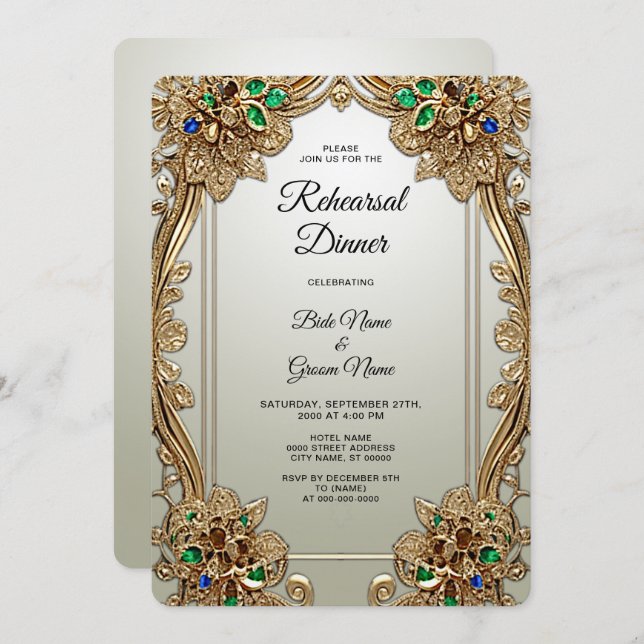 Convites Janto de ensaio do Ornamentado Dourado Elegante (Frente/Verso)