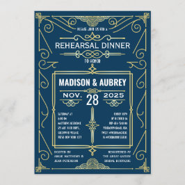 Convites Janto de Ensaio Dourado Azul de Arte Deco Wedding 