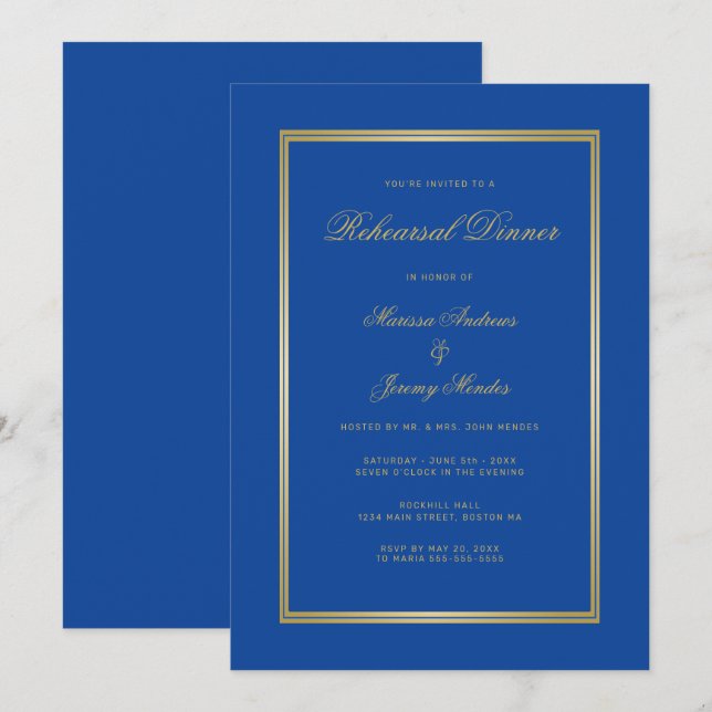 Convites Janto de ensaio Dourado azul Elegante Sapphire (Frente/Verso)