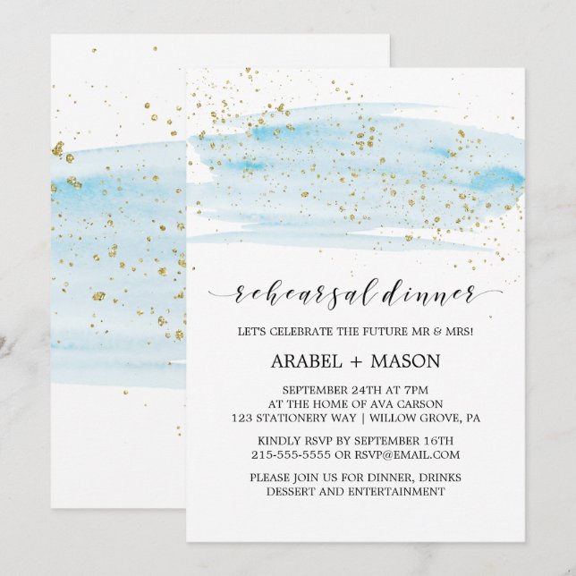 Convites Janto de ensaio Dourado e azul-claro de aquarela (Frente/Verso)