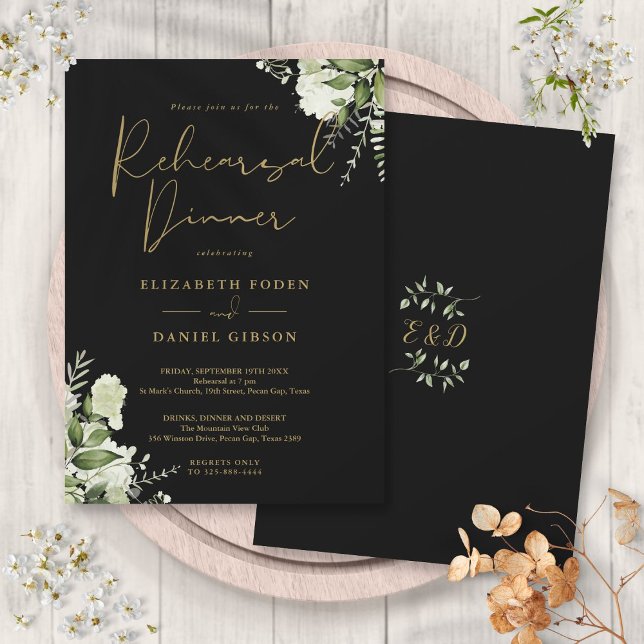Convites Janto De Ensaio Dourado E Preto Floral De Verde (Greenery Floral Black And Gold Rehearsal Dinner Invitation)