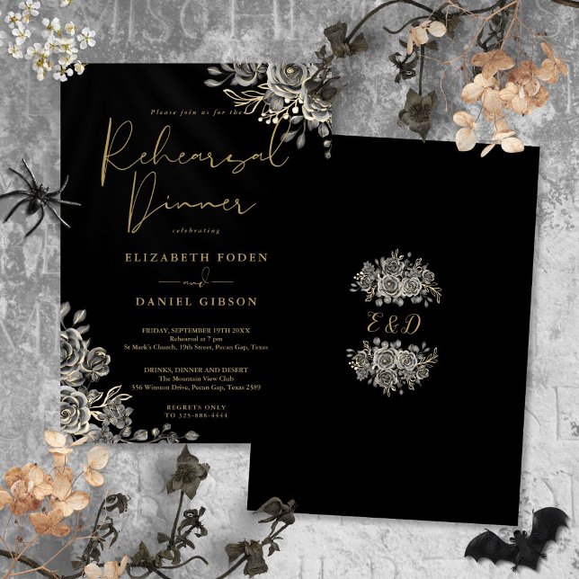 Convites Janto De Ensaio Dourado E Preto Floral Gótico (Gothic Floral Black And Gold Rehearsal Dinner Invitation)