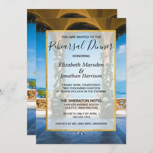 Convites Janto de ensaio Dourado Elegante azul-verde Itália (Frente/Verso)