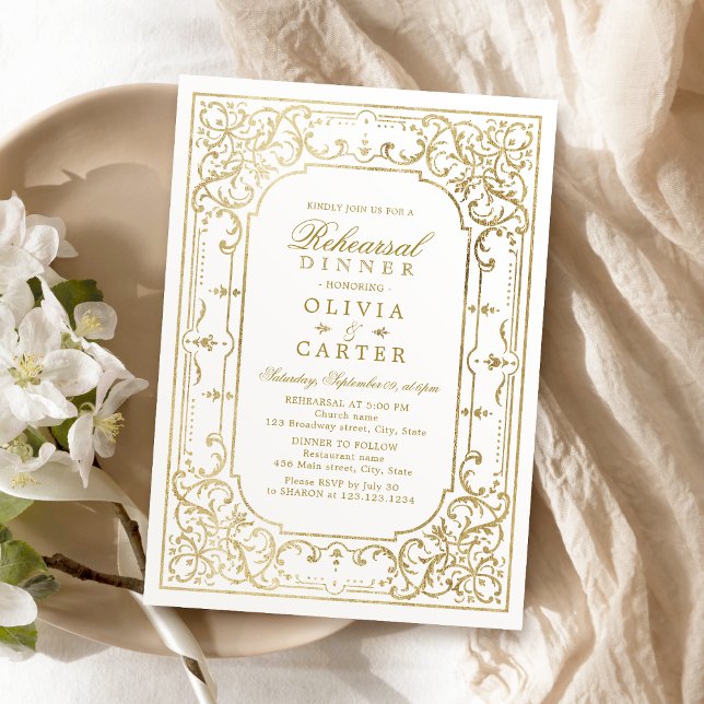 Convites janto de ensaio Dourado elegante de colheita de or (Gold elegant ornate vintage rehearsal dinner invitation)