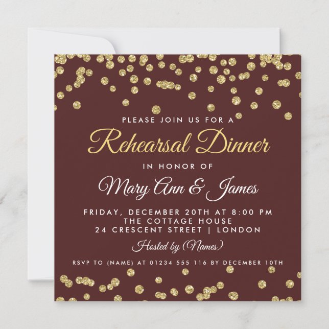 Convites Janto de ensaio Dourado Glitter Confetti Marsala (Frente)