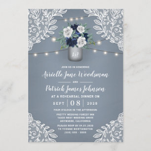 Convites Janto de ensaio Dusty Blue Country Lace Mason Jar