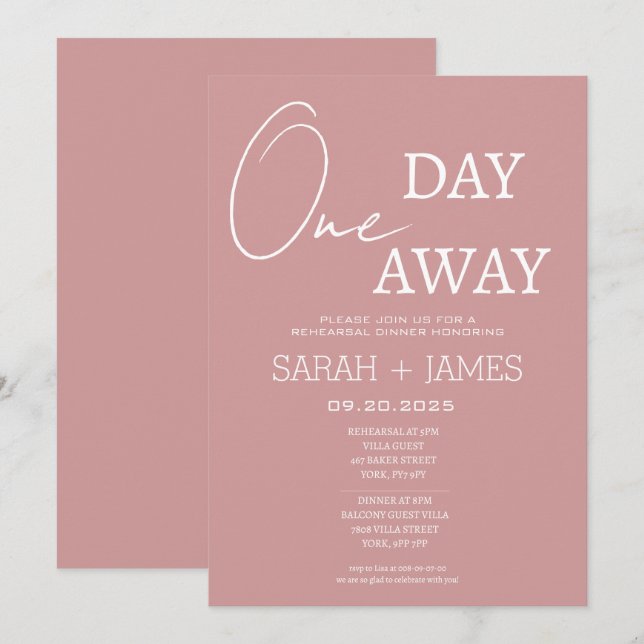 Convites Janto de Ensaio Dusty Pink Mínimo a Um Dia de Dist (Frente/Verso)