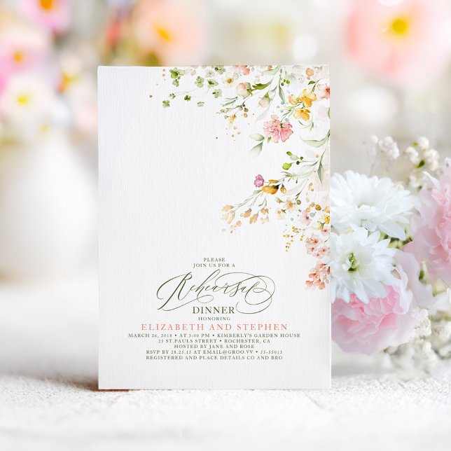 Convites Janto de ensaio Elegant Summer Meadow Wildflower (Wildflower Rehearsal Dinner Invitation)