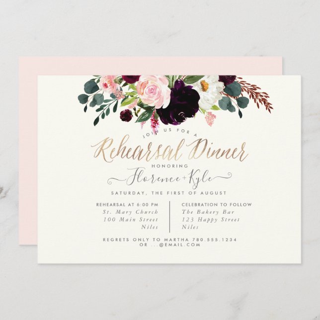 Convites Janto de Ensaio Elegante Blush Burgundy (Frente/Verso)