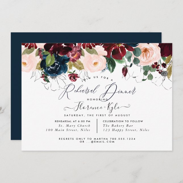 Convites Janto de ensaio elegante Borgonha+Marinho (Frente/Verso)